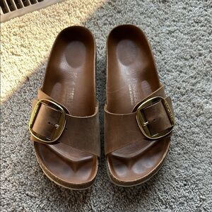 Brown Birkenstock Slide Sandals with Gold Big Buckle Sz 40 narrow